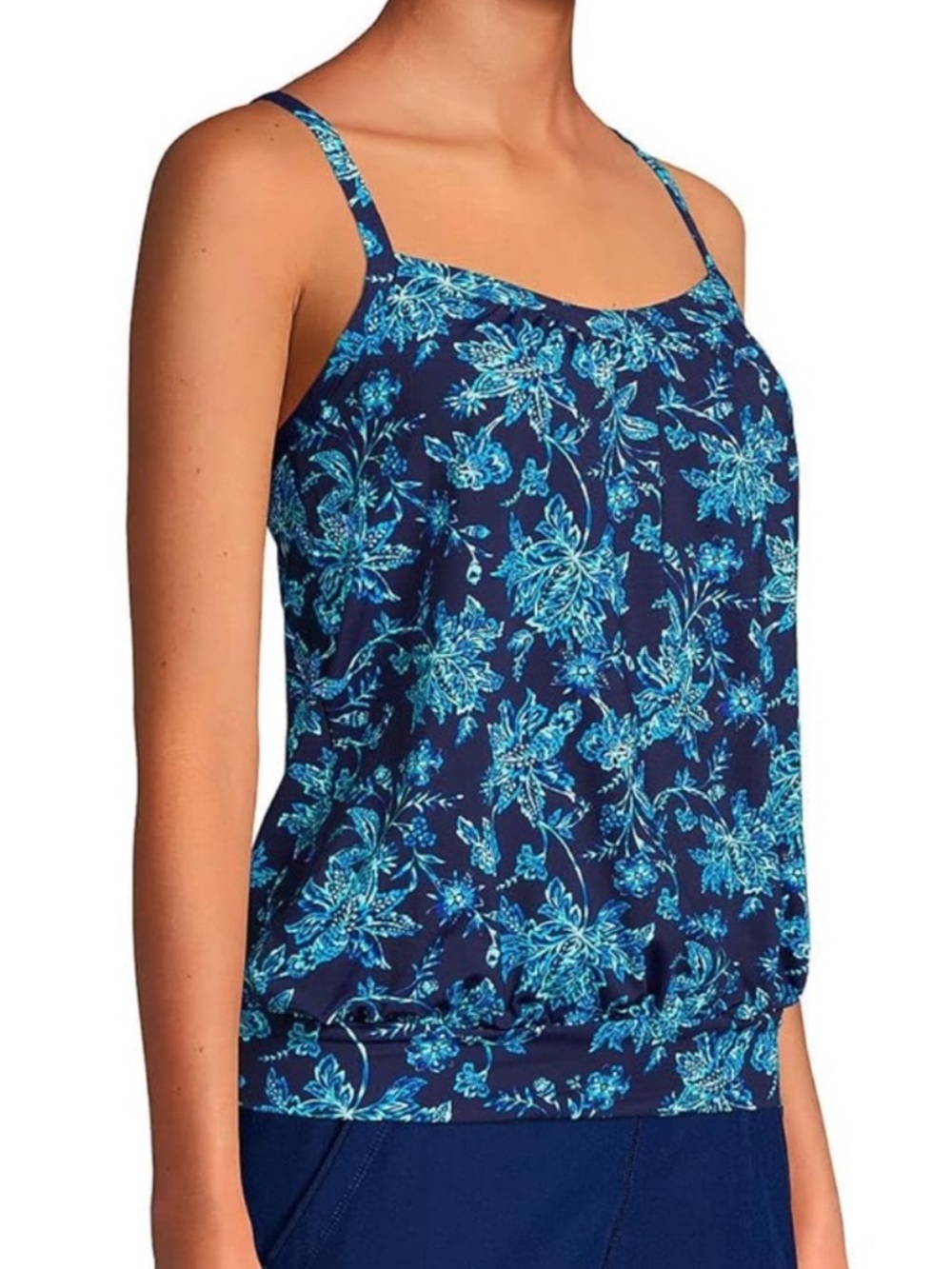Lands End Blue Paisley Tankini Deep Sea Navy Jacquard Blouse Sz 8T Excellent Con